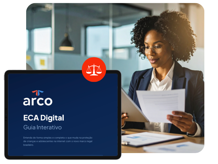 Imagem de mulher olhando para documentos, e simulação do Ebook ECA Digital em um IPAD.